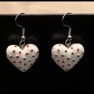 White & red polka dot heart earrings